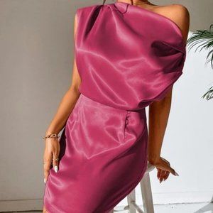 satin Asymmetrical Neckline Mini Dress Pink